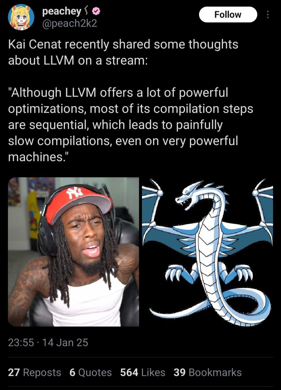 peachey Kai Cenat recently shared some thoughts about LLVM on a stream: “Although LLVM offers a lot of powerful optimizations, most of its compilation steps are sequential, which leads to painfully sl
