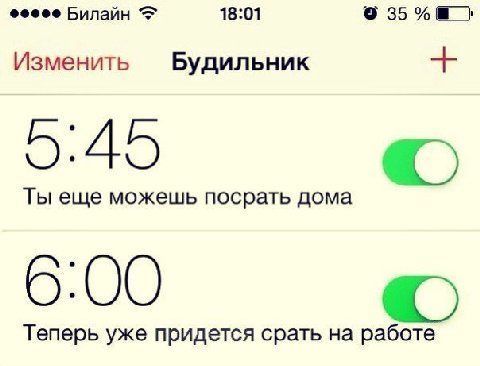 Билайн 18:01 Изменить Будильник Ты еще можешь посрать дома 6:00 Теперь уже придется срать на работе