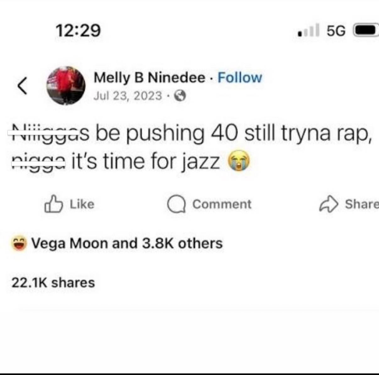 12:29 56 as Melly В Ninedee Follow Jul 23, 2023 be pushing 40 still tryna гар, it’s time for jazz Like Comment Share Vega Moon and others shares