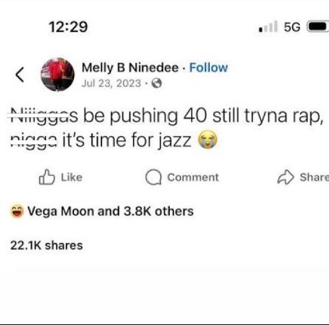 12:29 56 as Melly В Ninedee Follow Jul 23, 2023 be pushing 40 still tryna гар, it’s time for jazz Like Comment Share Vega Moon and others shares