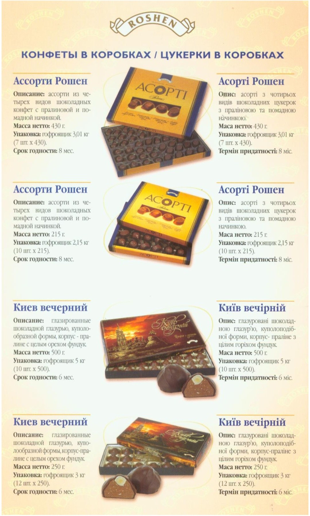 У КОНФЕТЫ В КОРОБКАХ ЦУКЕРКИ В КОРОБКАХ Ассорти Рошен Асорт! Рошен 7 3 Описание: ассорти из че- Опис: acopti чотирьох тырех ВИДОВ шоколадных вид шоколадних цукерок конфет с пралиновой и по- пралновою 