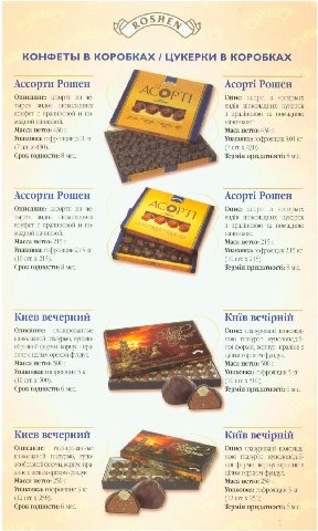 У КОНФЕТЫ В КОРОБКАХ ЦУКЕРКИ В КОРОБКАХ Ассорти Рошен Асорт! Рошен 7 3 Описание: ассорти из че- Опис: acopti чотирьох тырех ВИДОВ шоколадных вид шоколадних цукерок конфет с пралиновой и по- пралновою 