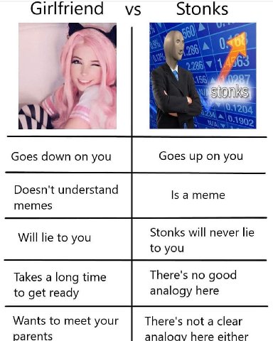 stonks Goes down on you Goes up on you Doesn't understand Is ameme memes Will lie to you Stonks will never lie to you Takes а long time There's no good analogy here to get ready Wants to meet your The