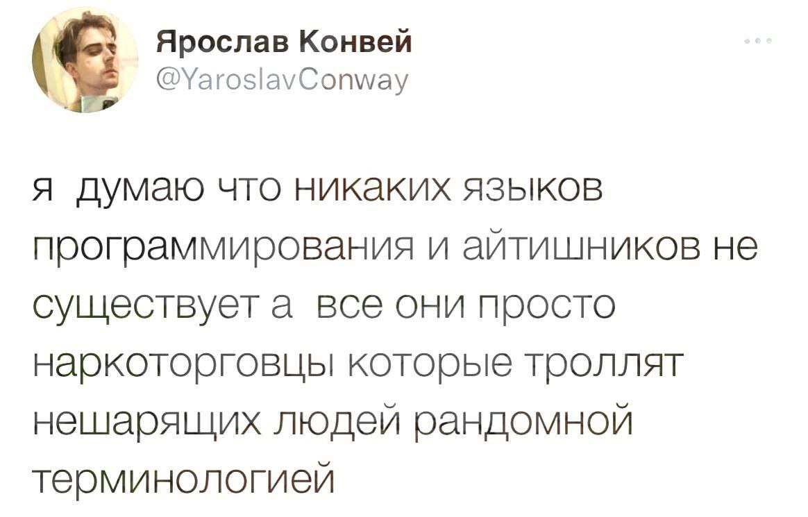 Ярослав Конвей @YaroslavConway я думаю что никаких языков программирования и айтишников не существует а все они просто наркоторговцы которые троллят нешарящих людей рандомной терминологией