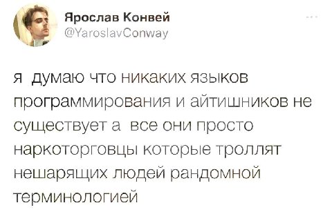 Ярослав Конвей @YaroslavConway я думаю что никаких языков программирования и айтишников не существует а все они просто наркоторговцы которые троллят нешарящих людей рандомной терминологией