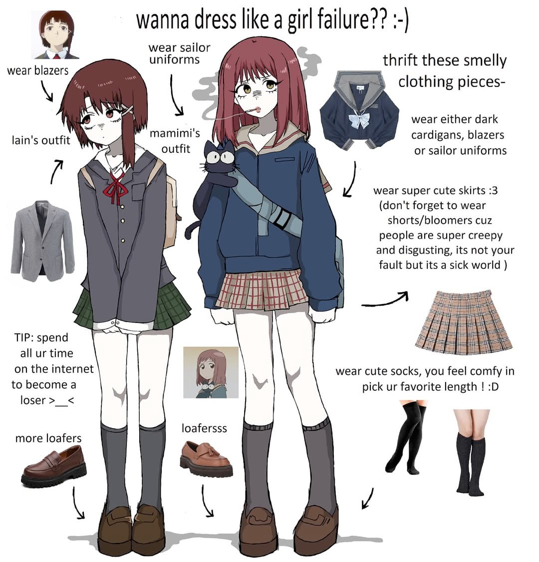 wanna dress like а girl wear sailor uniforms thrift these smelly wear blazers у clothing pieces- wear either dark mamimi's cardigans, blazers lain's outfit outfit or sailor uniforms wear super cute sk