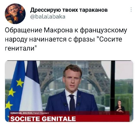 Дрессирую твоих тараканов @balalabaka Обращение Макрона к французскому народу начинается с фразы "Сосите генитали" у EMMANUEL MACRON, Fronch Preside: ain SOCIETE GENITALE