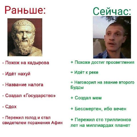 Раньше Сейчас: Похож на кадырова Похоже достиг просветления Идёт нахуй Идёт к реке Наговорил на звание второго Название налога Будды Создал «Государство» Создал мем Сдох Бессмертен, ибо вечен Пережил 