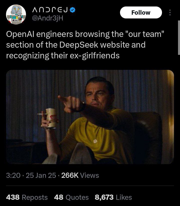 @Andr3jH OpenAl engineers browsing the "our team" section of the DeepSeek website and recognizing their ex-girlfriends 3:20 25 Jan 25 Views 438 Reposts 48 Quotes 8,673 Likes