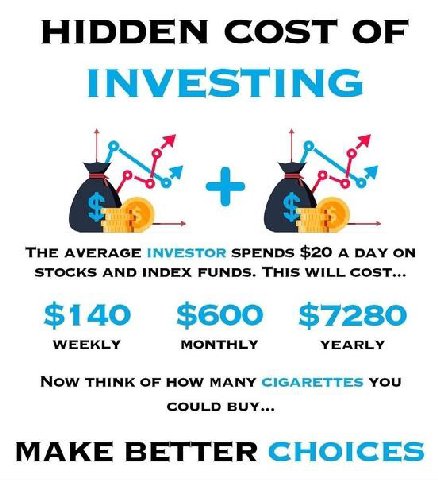 HIDDEN COST OF INVESTING я я THE AVERAGE INVESTOR SPENDS $20 A DAY ON STOCKS AND INDEX FUNDS. THIS WILL COST... $140 $600 $7280 THINK OF HOW MANY CIGARETTES YOU MAKE BETTER CHOICES