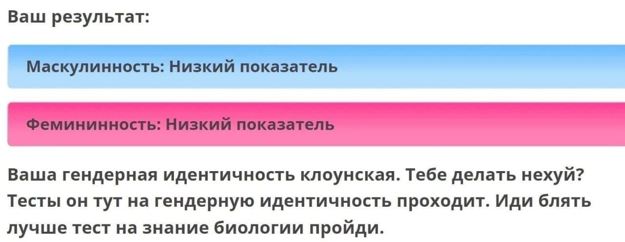 Ваш результат: Ваша гендерная идентичность клоунская. Тебе делать нехуй? Тесты он тут на гендерную идентичность проходит. Иди блять лучше тест на знание биологии пройди.