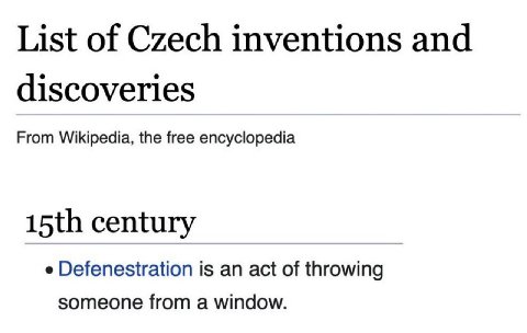 List of Czech inventions and discoveries From Wikipedia, the free encyclopedia century Defenestration is an act of throwing someone from a window.