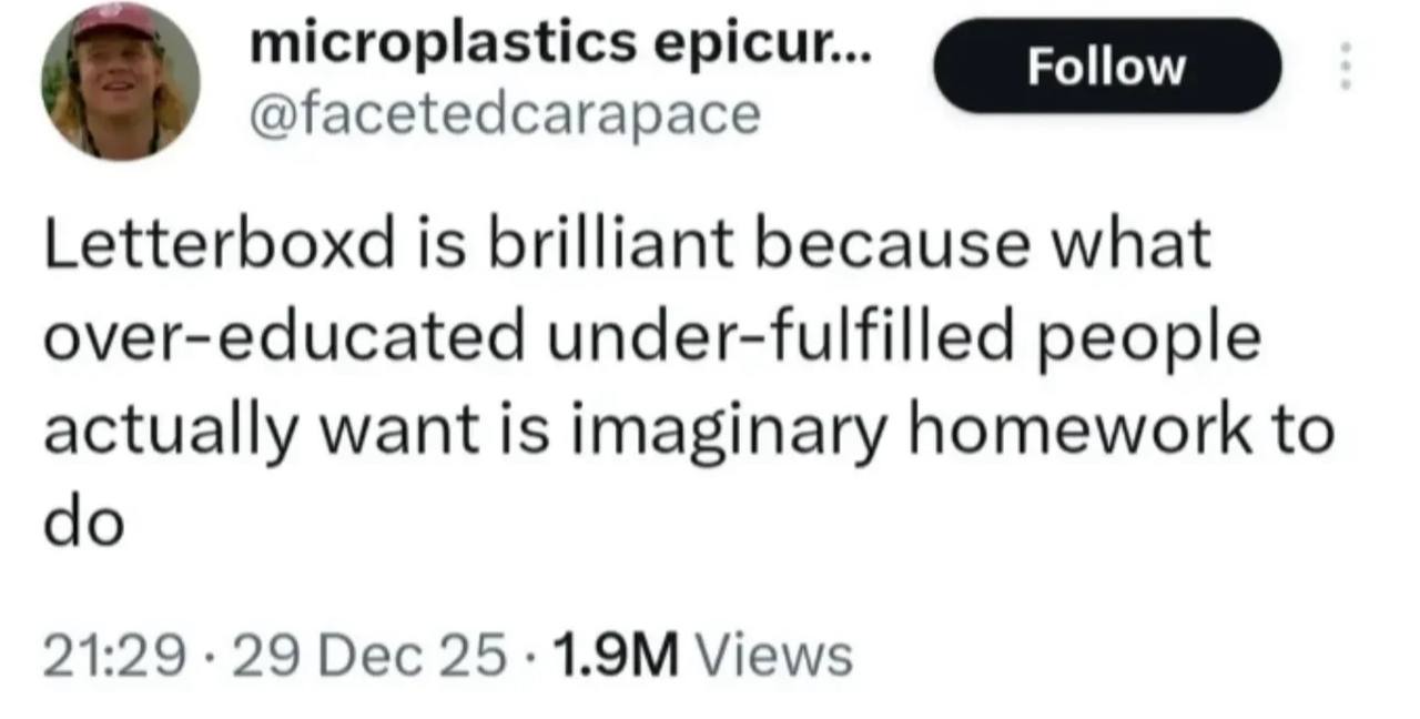 microplastics epicur... @facetedcarapace Letterboxd is brilliant because what over-educated under-fulfilled people actually want is imaginary homework to 21:29 29 Dec Views