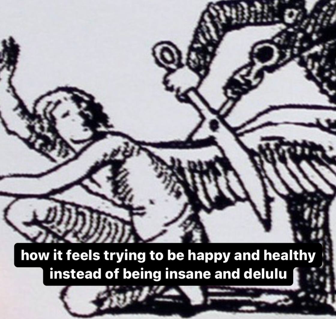 A AS a 2) у how it feels trying to be happy and healthy instead of being insane а delulu в,