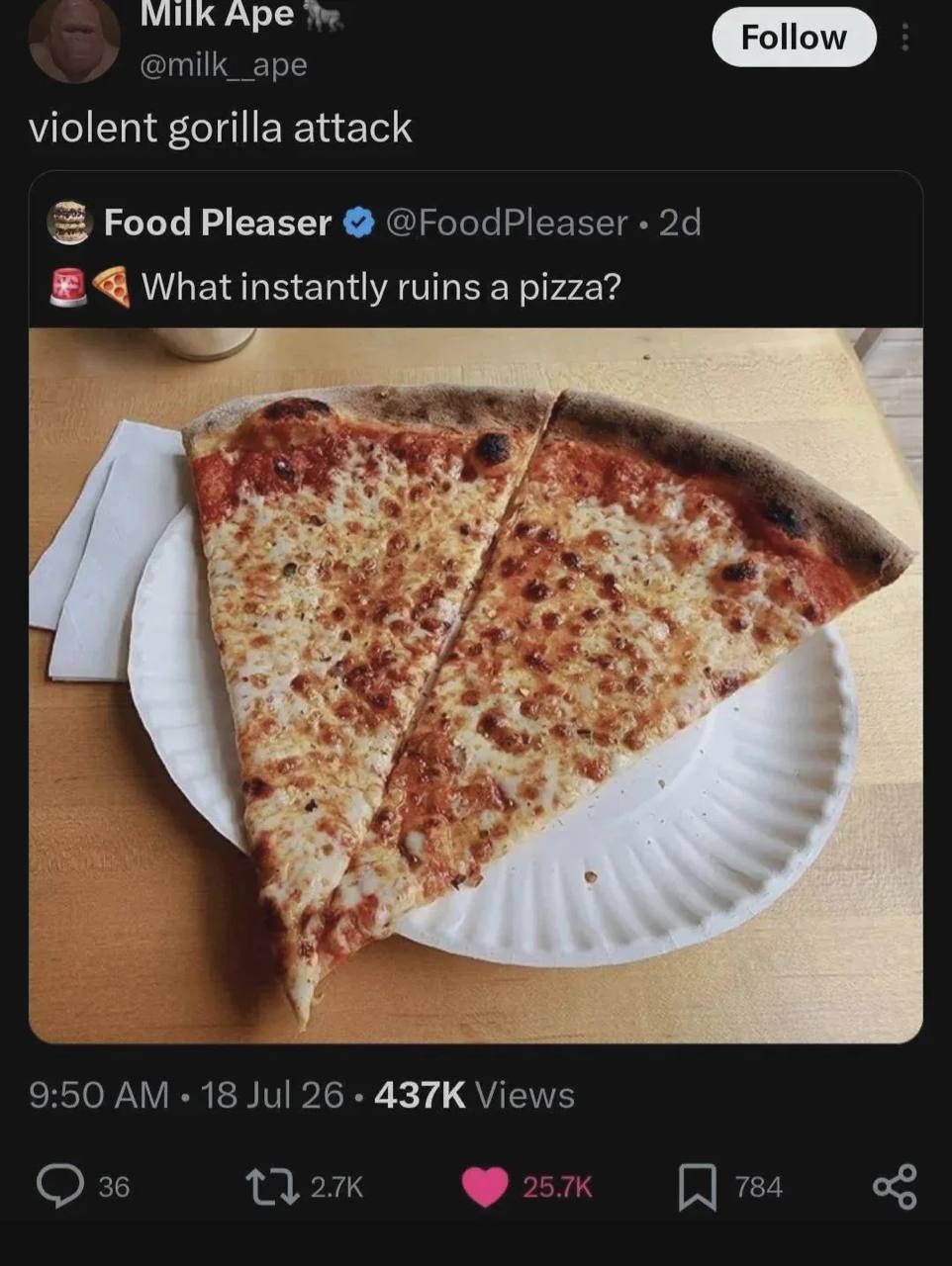 Ape violent gorilla attack Food Pleaser @FoodPleaser What instantly ruins а pizza? у Я 9:50 18 Jul 26 Views 36 784