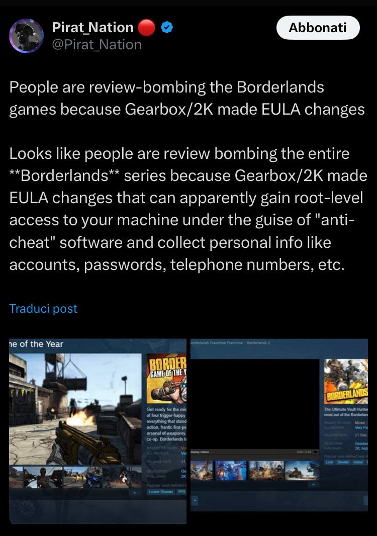 Pirat Nation People are review-bombing the Borderlands games because Gearbox/2K made EULA changes Looks like people are review bombing the entire series because Gearbox/2K made EULA changes that can a