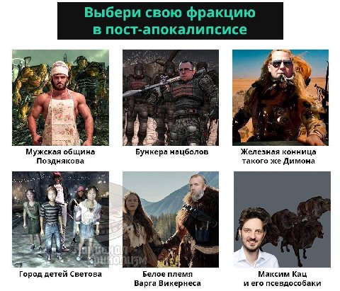 Выбери свою фракцию в пост-апокалипсисе “a 2 4 a 4 my 4 и a Я Мужская община Бункера нацболов Железная конница Позднякова такого же Димона 3 at Город детей Светова Белое племя Максим Кац Варга Викерне