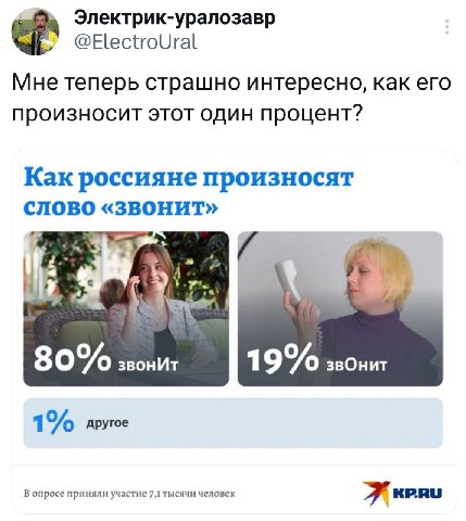 Электрик-уралозавр @ElectroUral Мне теперь страшно интересно, как его произносит этот один процент? Как россияне произносят слово 80% звонИт 19% звОнит 1 другое В опросе приняли участие 7,1 тысячи чел