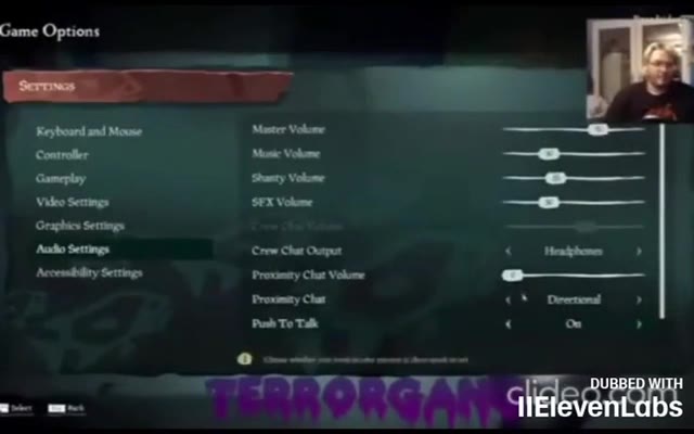 ‘Keyboard and Mouse даже улет —Ф- ‘Video Settings SFX Volome ———— Accemibliry бест Proumey Chat Viohomr ————— Gameplay ‘Shanty Votome = antic Settings Crew Chat Ouapet « ны ‚ Accrsnibiiry Sertings Pro