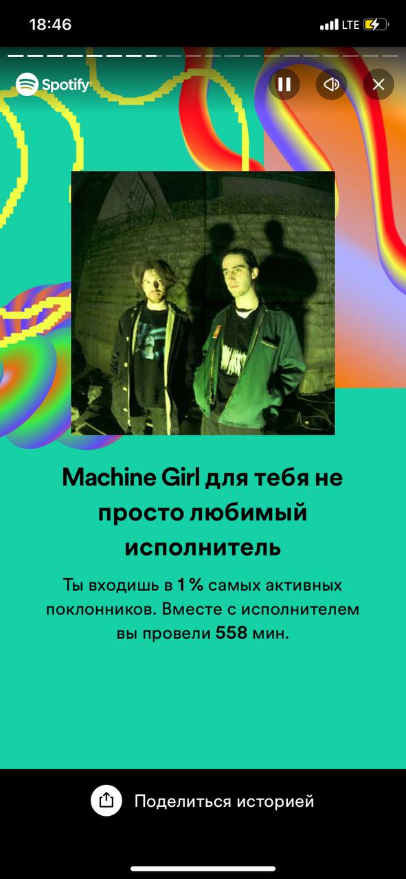 18:46 LTE И the nny у» Machine Girl nna тебя не просто любимый исполнитель Ты входишь в 1 самых активных поклонников. Вместе с исполнителем вы провели 558 мин. Поделиться историей