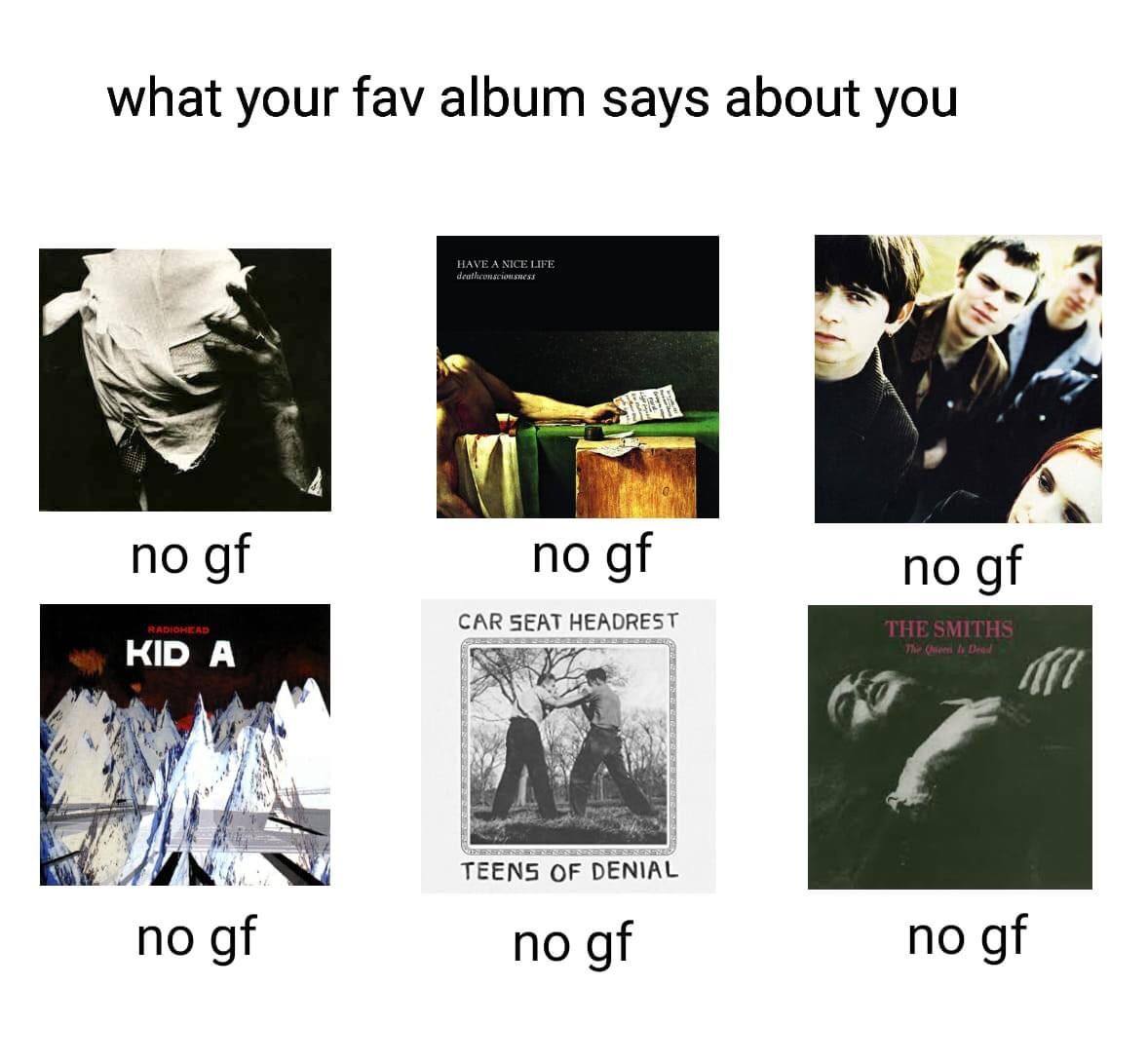 what your fav album says about you a. |3 no of no no CAR SEAT HEADREST TEENS OF DENIAL no по of no