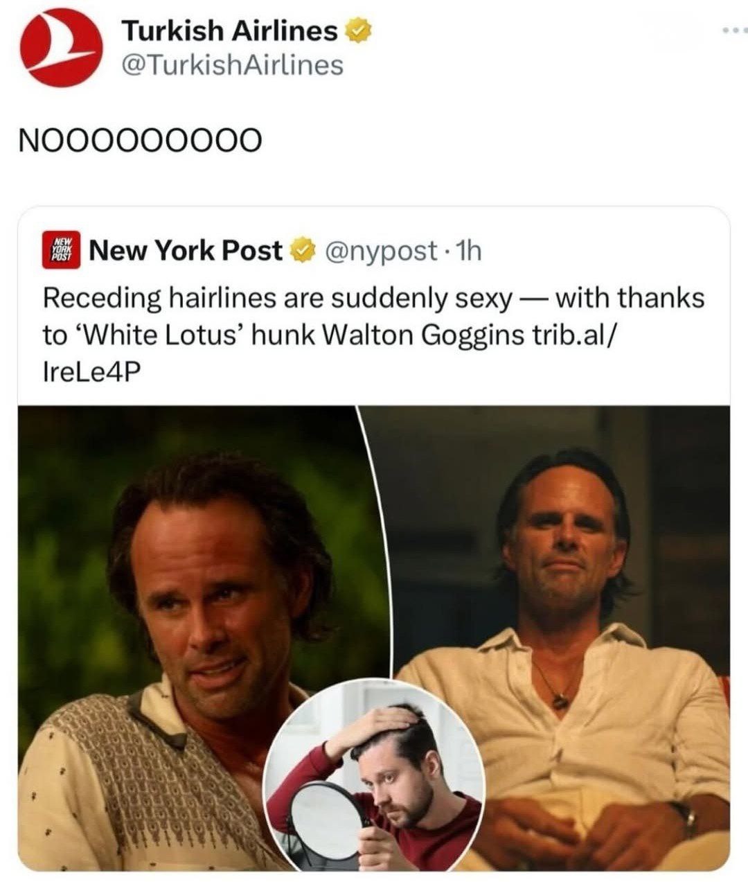 Turkish Airlines @TurkishAirlines New York Post @nypost: Receding hairlines are suddenly sexy with thanks to ‘White Lotus’ hunk Walton Goggins trib.al/ lreLe4P