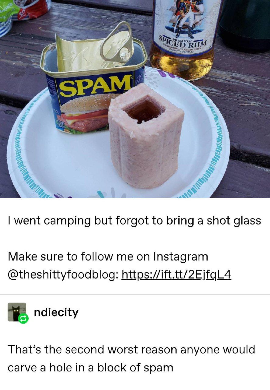 RUM a went camping but forgot to bring a shot glass Make sure to follow me on Instagram @theshittyfoodblog: ndiecity That’s the second worst reason anyone would carve a hole in a block of spam