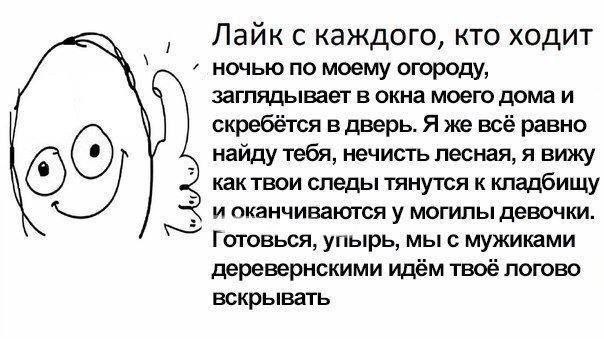 Лаик с каждого, кто ходит ночью по моему огороду, заглядывает в окна моего дома и скребётся в дверь. Я же всё равно найду тебя, нечисть лесная, я вижу как твои следы тянутся к кладбищу и оканчиваются 