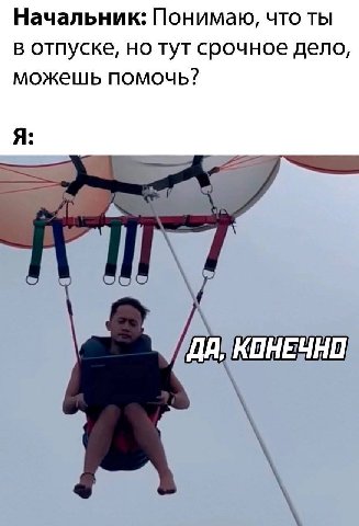 Начальник: Понимаю, что ты в отпуске, но тут срочное дело, можешь помочь? Я: у КОНЕЧНО