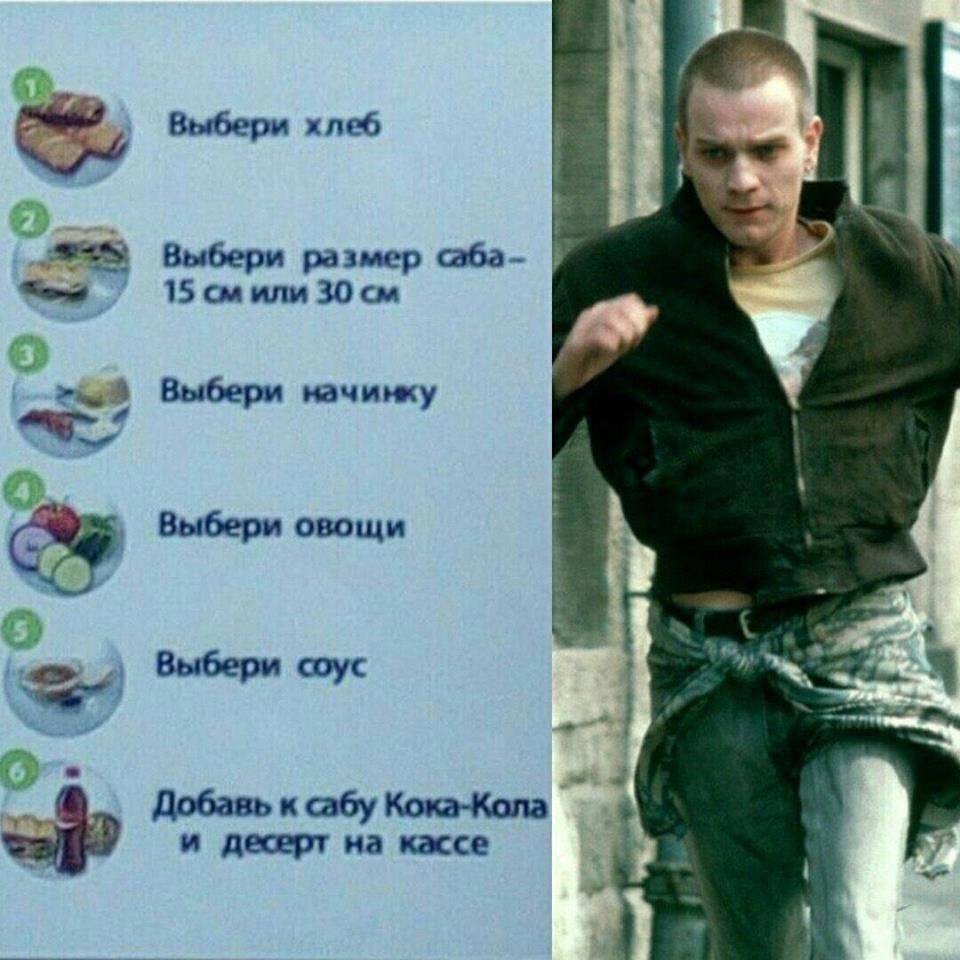 Выбери хлеб Выбери размер саба- 15 или 30 Выбери начинку Выбери овощи Выбери соус Добавь к сабу Кока-Кола и десерт на кассе
