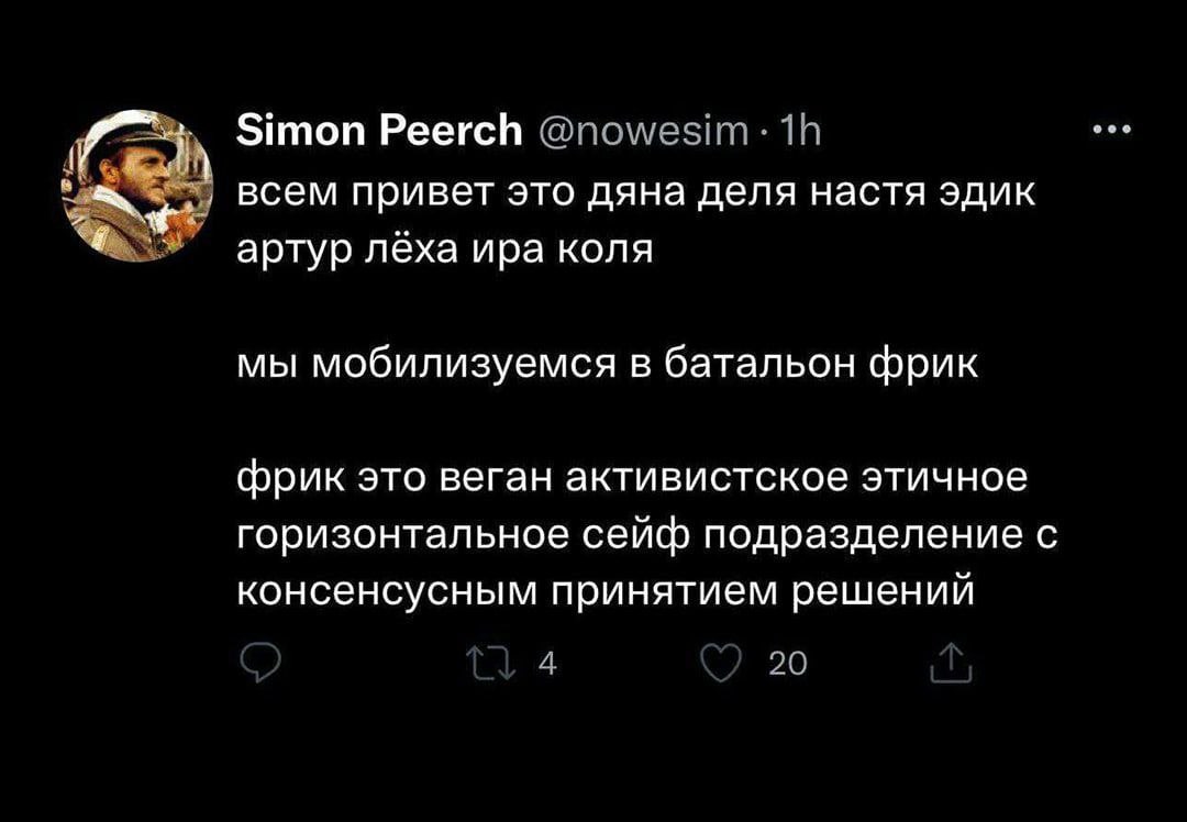Simon Peerch всем привет это дяна деля настя эдик артур леёха ира коля мы мобилизуемся в батальон фрик фрик это веган активистское этичное горизонтальное сейф подразделение с консенсусным принятием ре