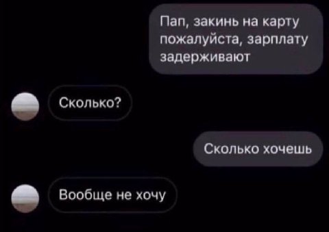 Пап, закинь на карту пожалуиста, зарплату задерживают Сколько? Сколько хочешь Вообще не хочу