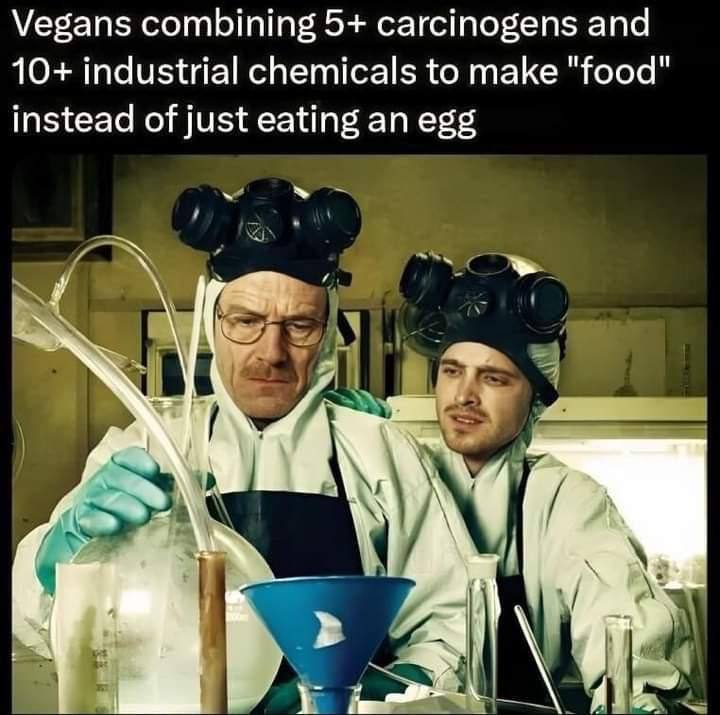 Vegans combining 5+ carcinogens and 10+ industrial chemicals to make "food" instead of just eating an egg