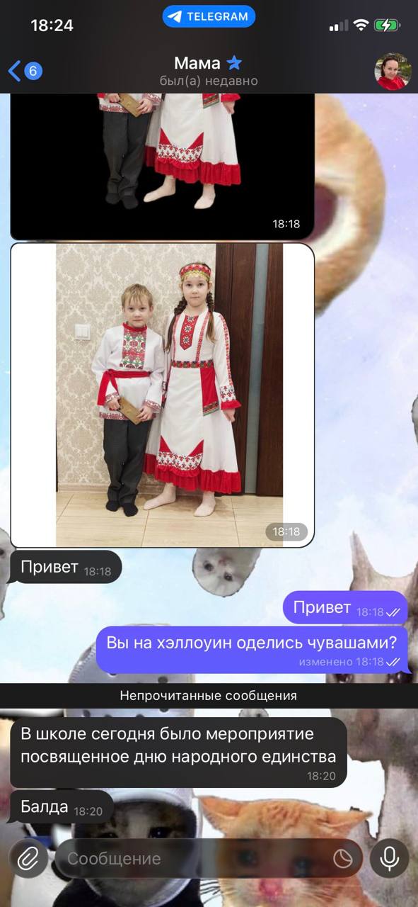 TELEGRAM 18:24 4 был(а) недавно У 18:18 (1 Привет Привет 4 Вы хэллоуин оделись чувашами? изменено 18:18. Непрочитанные сообщения В школе сегодня было мероприятие посвященное дню народного единства 18:
