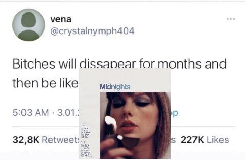 vena @crystalnymph404 Bitches will dissanear for months and then be like Midnights 5:03 3.01.: Likes