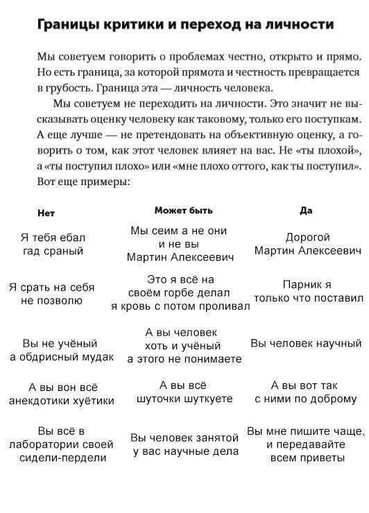 Границы критики и переход на личности Мы советуем говорить о проблемах честно, открыто и прямо. Ноесть граница, за которой прямота и честность превращается в грубость. Граница эта личность человека. М