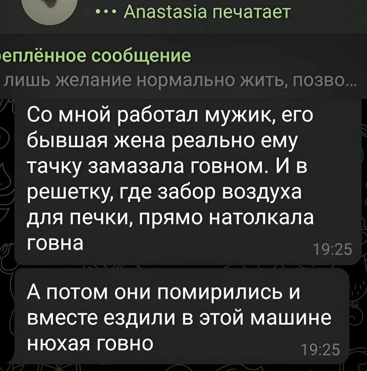 Anastasia печатает еплённое сообщение мной работал мужик, его бывшая жена реально ему тачку замазала говном. И в решетку, где забор воздуха для печки, прямо натолкала говна А потом они помирились и вм