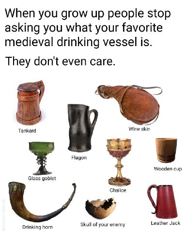 When you grow up people stop asking you what your favorite medieval drinking vessel is. They don't even care. Tankard Wine skin Flagon Wooden сир Glass goblet Drinking horn Skull of your enemy Leather