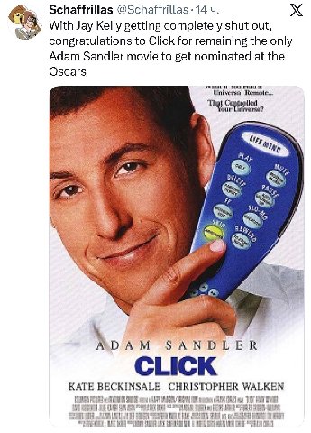 Schaffrillas @Schaffrillas -14 With Jay Kelly getting completely shut out 3 ongratulations to Click for remaining the only Adam Sandler movie to get nominated at the Oscars Universal ‘That Your SANDLE