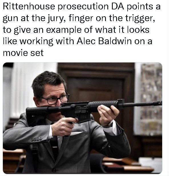 Rittenhouse prosecution points а sun at the jury, finger on the trigger, to give an example of what it looks like working with Alec Baldwin ona movie set К.