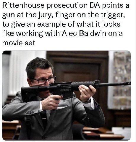 Rittenhouse prosecution points а sun at the jury, finger on the trigger, to give an example of what it looks like working with Alec Baldwin ona movie set К.