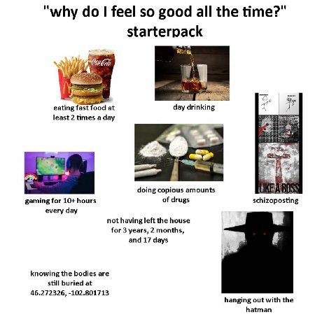 и why feel so good all the time? starterpack So eating fast food at day drinking least 2 times a day doing copious amounts gaming for 10+ hours of drugs schizoposting every day not having left the hou