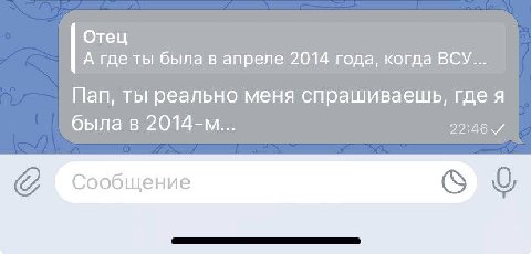 Отец А где ты была в апреле 2014 года, когда ВСУ... Пап, ты реально меня спрашиваешь, где я была в 22:46/ Сообщение