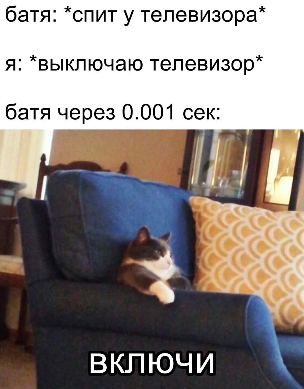 батя: *спит у телевизора* я: *выключаю телевизор* батя через 0.001 сек: ВКЛЮЧИ