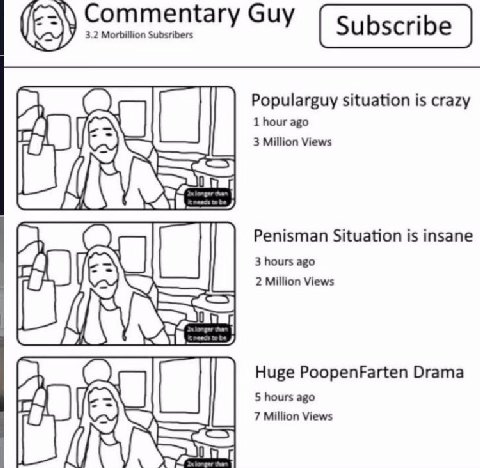 Commentary Guy 3.2 Morbillion Subsribers Popularguy situation is crazy 1 hour ago 3 Million Views Penisman Situation is insane 3 hours ago 8; 2 Million Views Huge PoopenFarten Drama 7 Million Views 5 