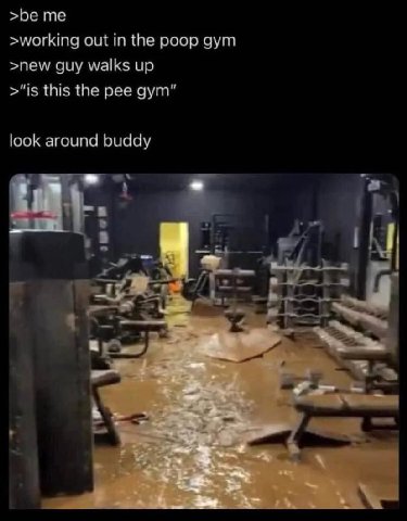 >be >working out in the poop gym >new guy walks up >“is this the pee gym” look around buddy