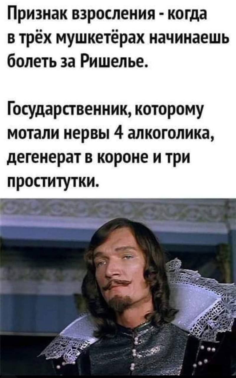 Признак взросления когда в трех мушкетерах начинаешь болеть за Ришелье. Государственник, которому мотали нервы 4 алкоголика, дегенерат в короне итри проститутки. a