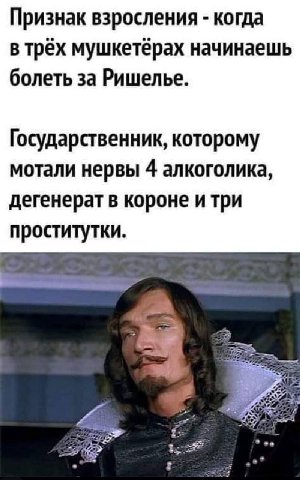 Признак взросления когда в трех мушкетерах начинаешь болеть за Ришелье. Государственник, которому мотали нервы 4 алкоголика, дегенерат в короне итри проститутки. a