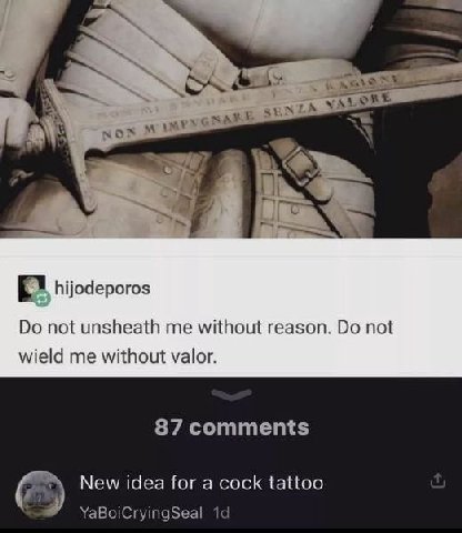 чох hijodeporos not unsheath me without reason. not wield me without valor. 87 comments New idea for а cock tattoo YaBoiCryingSeal