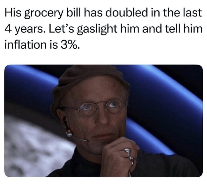 His grocery bill has doubled in the last 4 years. Let’s gaslight him and tell him inflation is 3%.